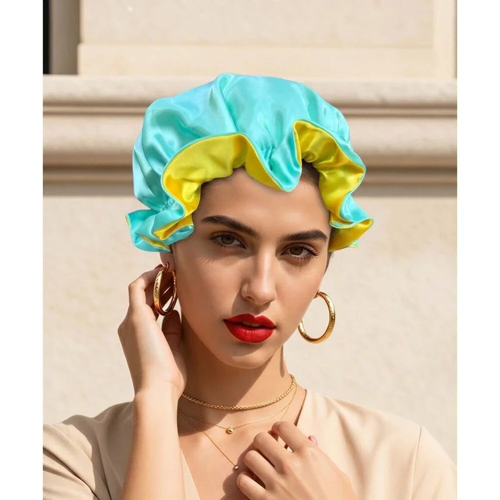 Reversible Satin Sleep Bonnet – Blue & Yellow– Extra Large, Elastic Fit